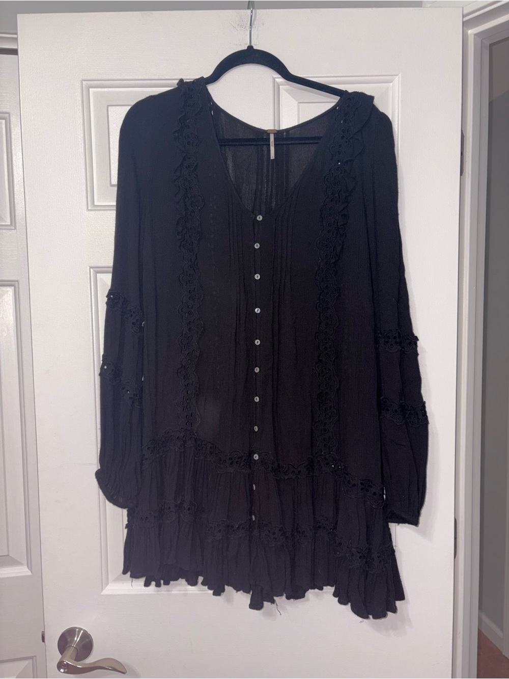 Free People Black Boho Mini Dress with Lace Trim